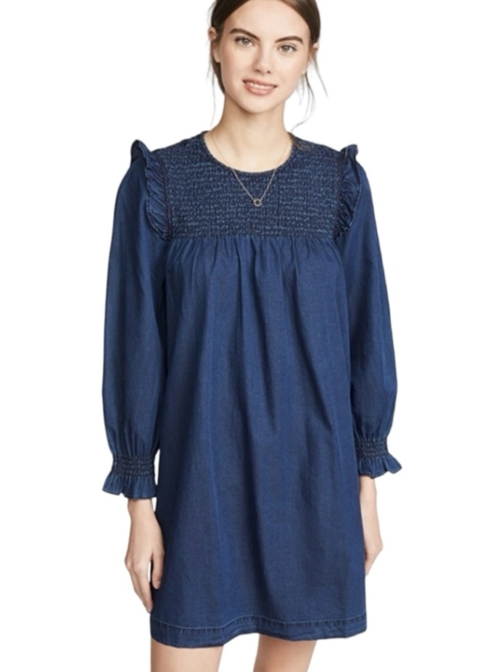 NWT Madewell Indigo Ruffle Neck Smoked Babydoll Dress
Size S